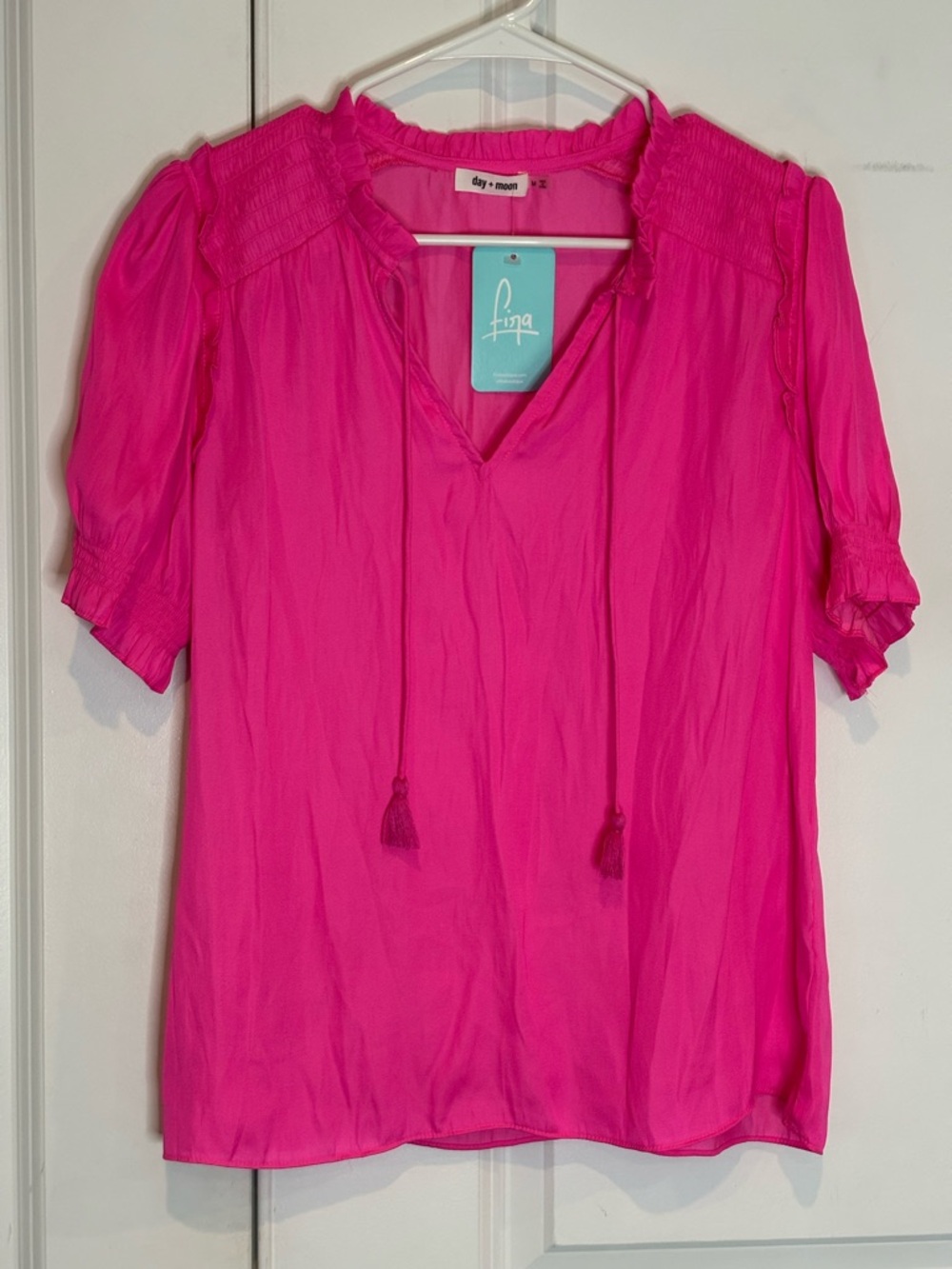 NWT Day + Moon Hot Pink Smock Shoulder V-neck Tassel Tie Blouse M